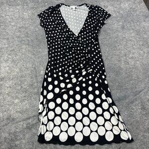 Joseph Ribkoff Dress Womens 14 Black White Polka Dot V Neck Faux Wrap Short Slv